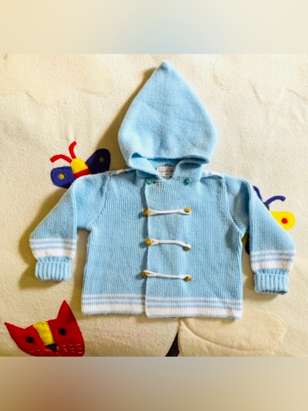 Vintage Lord & Taylor Baby’s Light Blue Hooded Knit Toggle Cardigan